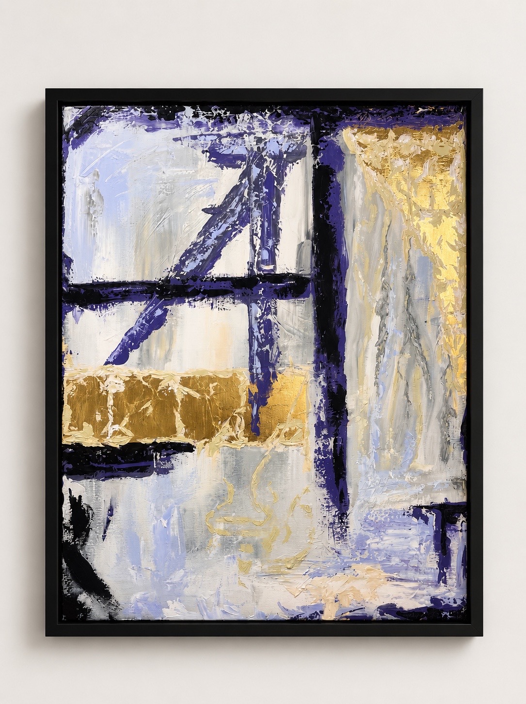 NM-002 — abstract impasto with a deep purple A-shaped structure, a band of gold leaf and a thick black column on an off-white and lavender ground, in a black floater frame