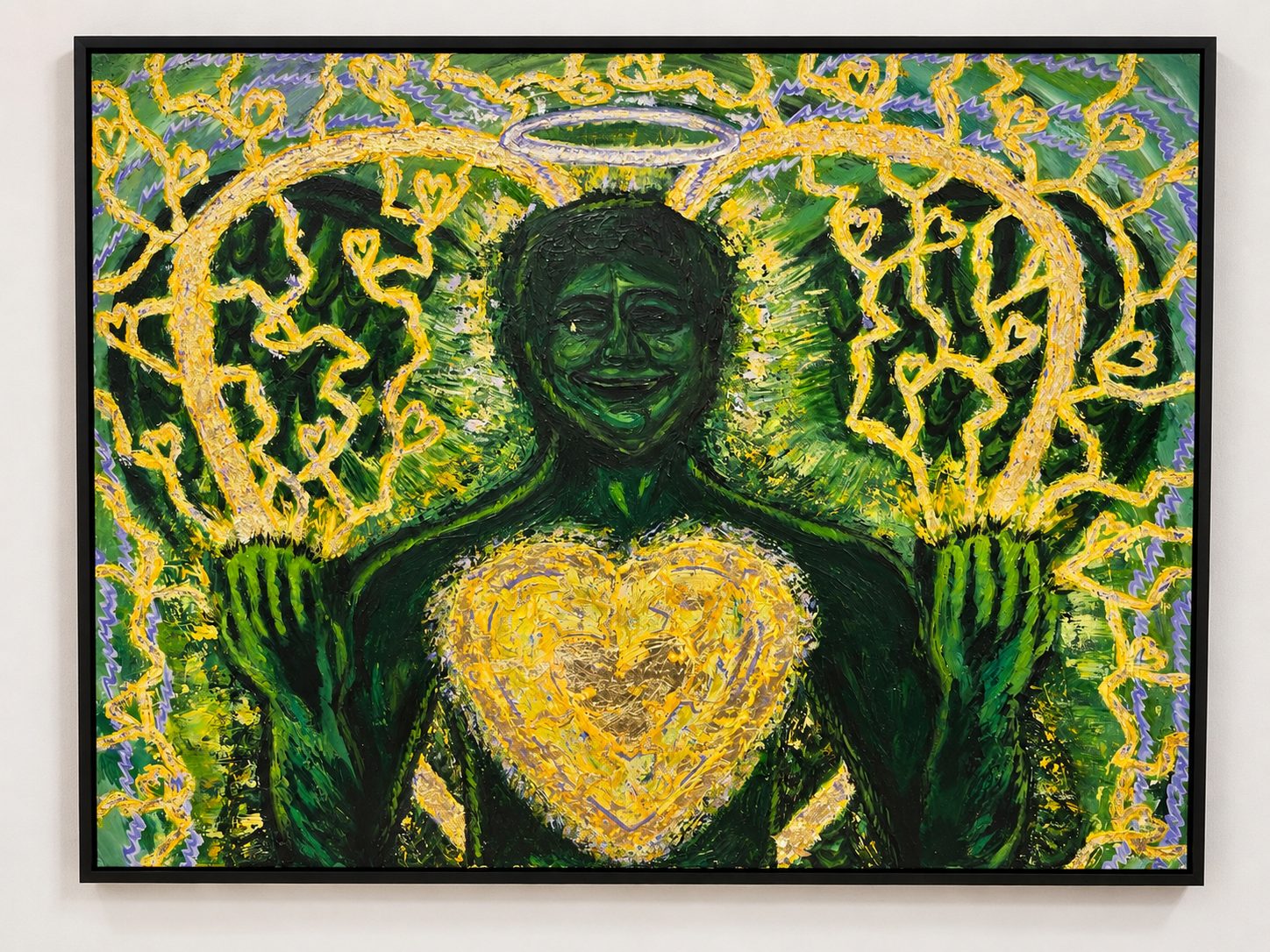 State of Creation — smiling figure with a glowing gold heart and radiating wing-like heart patterns in green, yellow and lavender, in a black frame