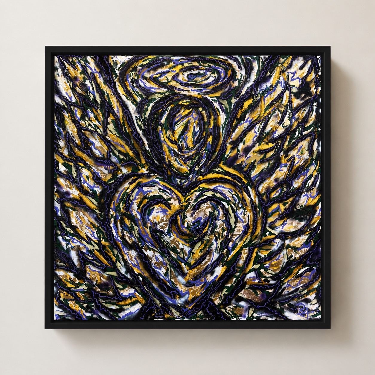 DYBIA-01 — impasto angel with halo, wings and a layered heart in yellow-gold, purple-blue and white, in a thin black frame