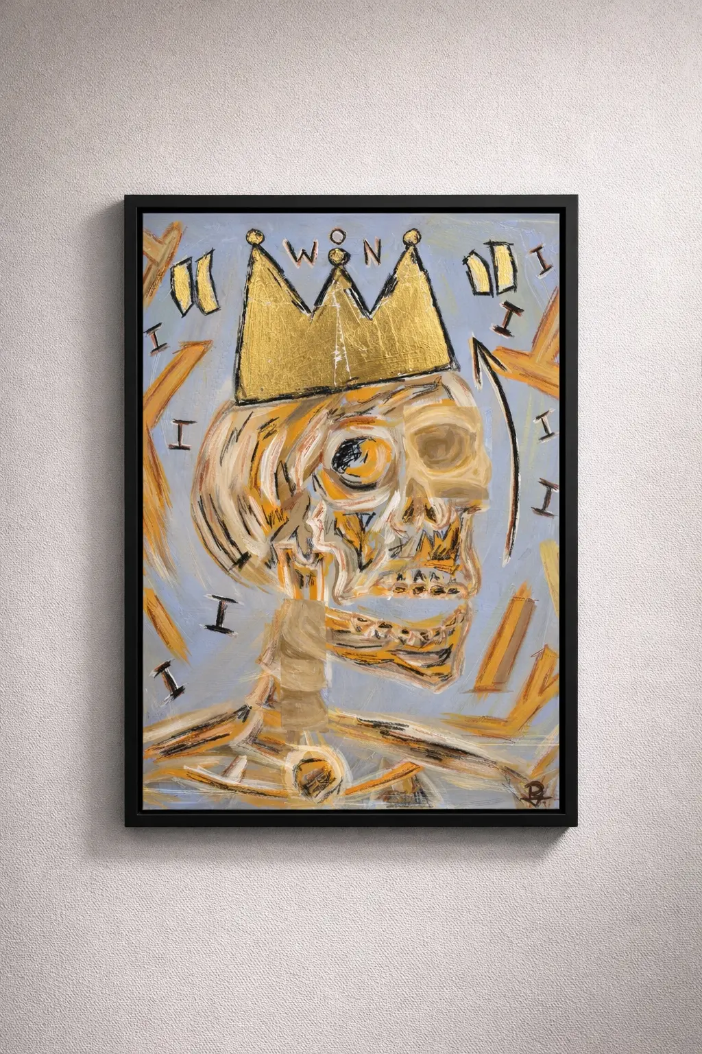 I Won — crowned skull on a blue-grey canvas in a black frame