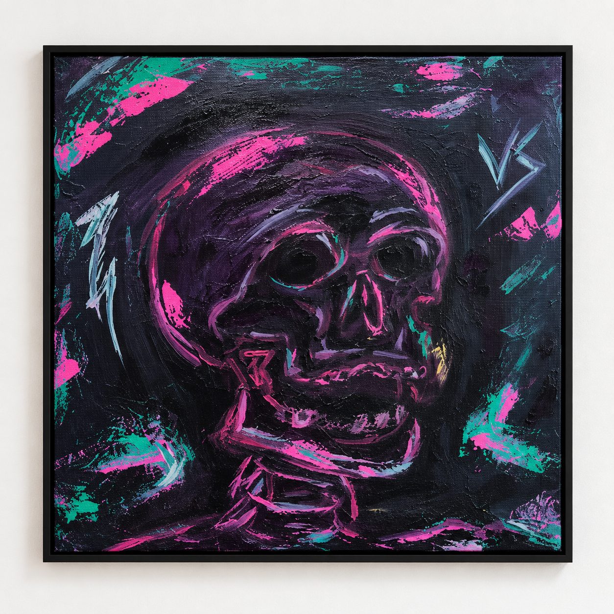 Skull — expressive skull in neon pink and teal on a dark canvas in a black frame