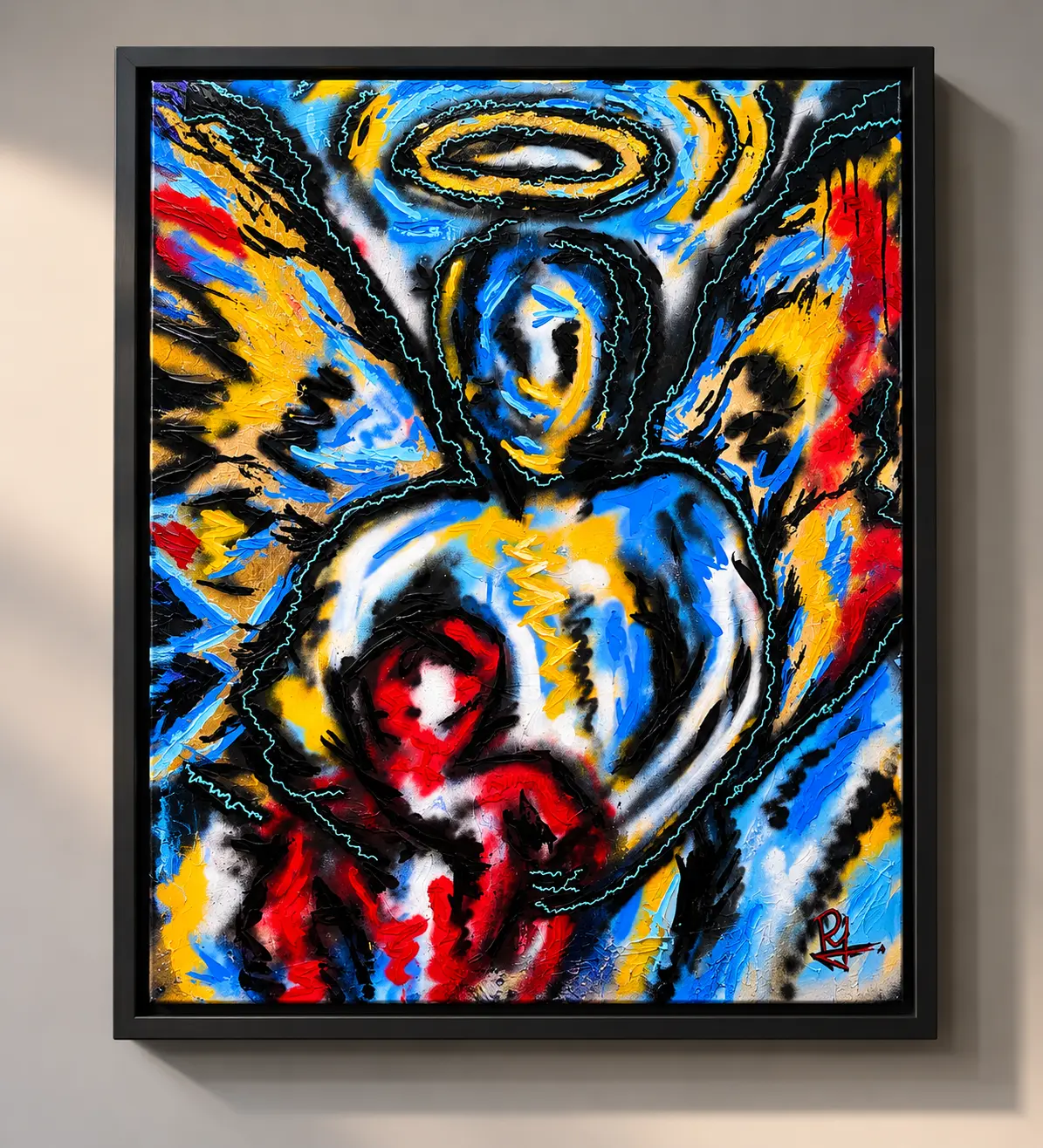 DYBIA-02 — winged angel with a gold halo cradling a small red figure in blue, white and yellow, in a black floater frame