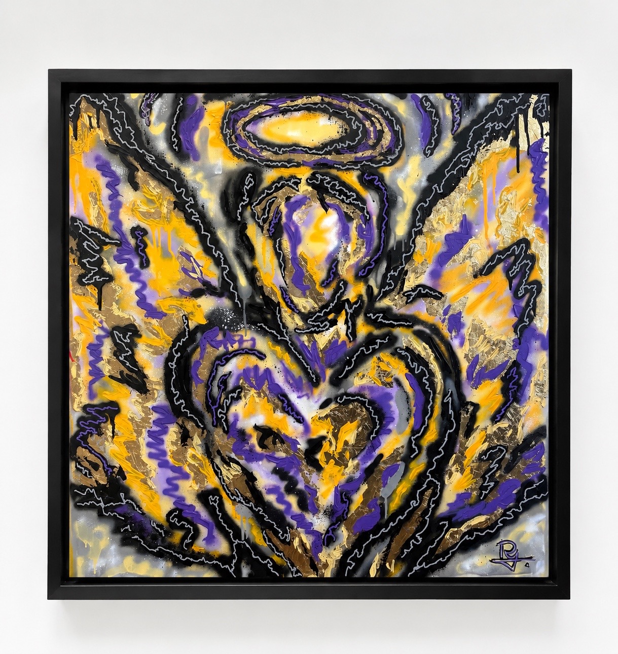 DYBIA-03 — gestural angel with halo, wings and a central heart in yellow, purple and gold leaf on a grey ground, in a black frame