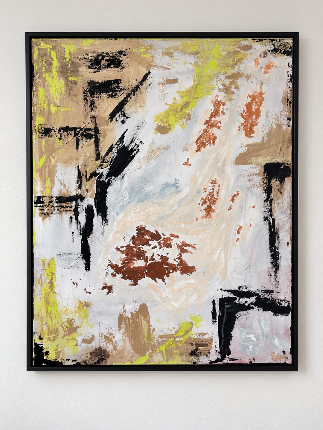 NM-001 — abstract impasto in off-white and pale grey with black, lime green, tan and copper marks, in a thin black floater frame